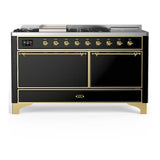 ILVE UM60FSQNR3BKG Majestic III 60 inch Dual Fuel Range with 7 Burners, Griddle and French Top, Dual Function Burner with up to 25,000 BTU (Natural Gas, Solid Door, Glossy Black, Brass)