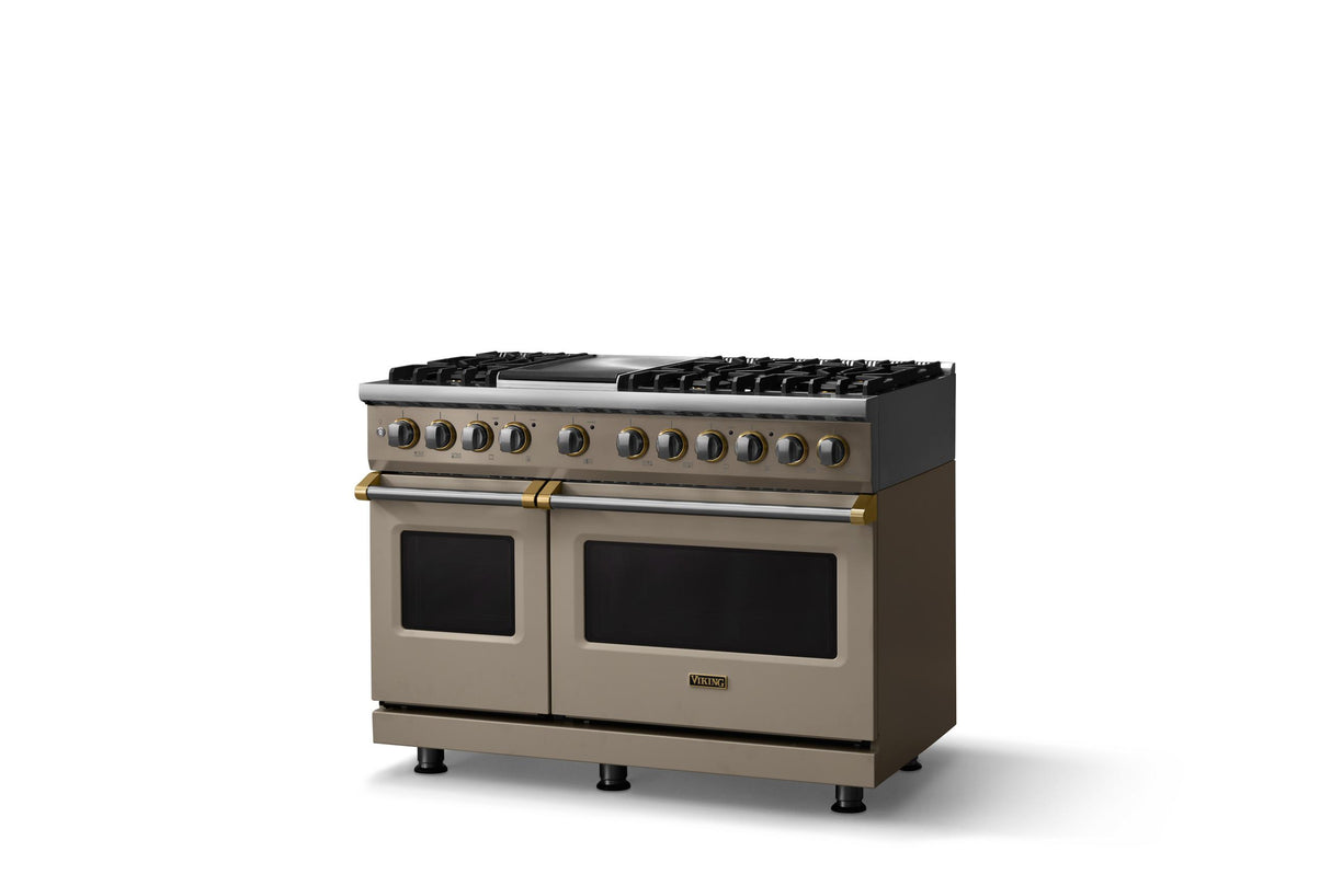 48"W. Dual Fuel Range (Burner: 6g, Finish: Nantucket, Trim: Brushed Brass, Fuel: Propane)