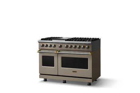 48"W. Dual Fuel Range (Burner: 6g, Finish: Nantucket, Trim: Polished Chrome, Fuel: Propane)