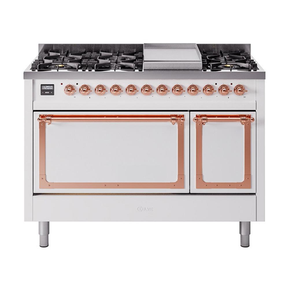 ILVE UN48FQNMPWHPLP Nostalgie II Noblesse 48 inch Dual Fuel Range (8 Sealed Burners + Griddle, Liquid Propane, Solid Door, White, Copper)