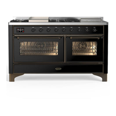 ILVE UM60FSNR3BKBLP Majestic III 60 inch Dual Fuel Range with 7 Burners, Griddle and French Top, Dual Function Burner with up to 25,000 BTU (Liquid Propane, Triple Glass Door, Glossy Black, Burnished)
