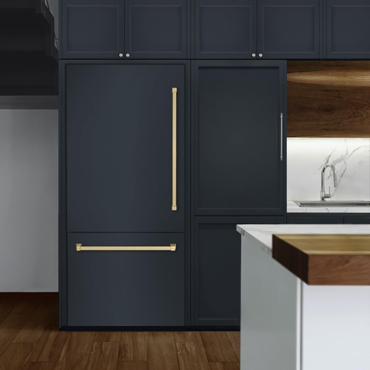 ZLINE Autograph Edition 36 in. 19.8 cu. ft. Panel Ready Built-In Bottom Freezer Refrigerator with Water Dispenser and Ice Maker with Graphite Gray Interior and Champagne Bronze Accents (GRBITZ-36-CB)