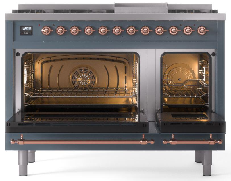 Nostalgie II 48 Inch Dual Fuel Natural Gas Freestanding Range in Blue Grey with Copper Trim