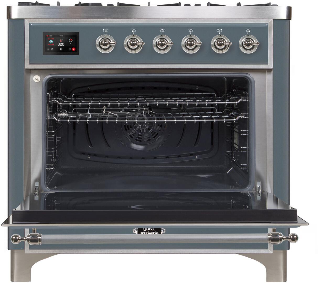 Majestic II 36 Inch Dual Fuel Natural Gas Freestanding Range in Blue Grey with Chrome Trim