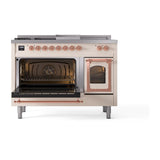 ILVE UN48FSNMPAWPLP Nostalgie II Noblesse 48 inch Dual Fuel Range (5 Sealed Burners + Griddle + French Top, Liquid Propane, Triple Glass Door, Antique White, Copper)