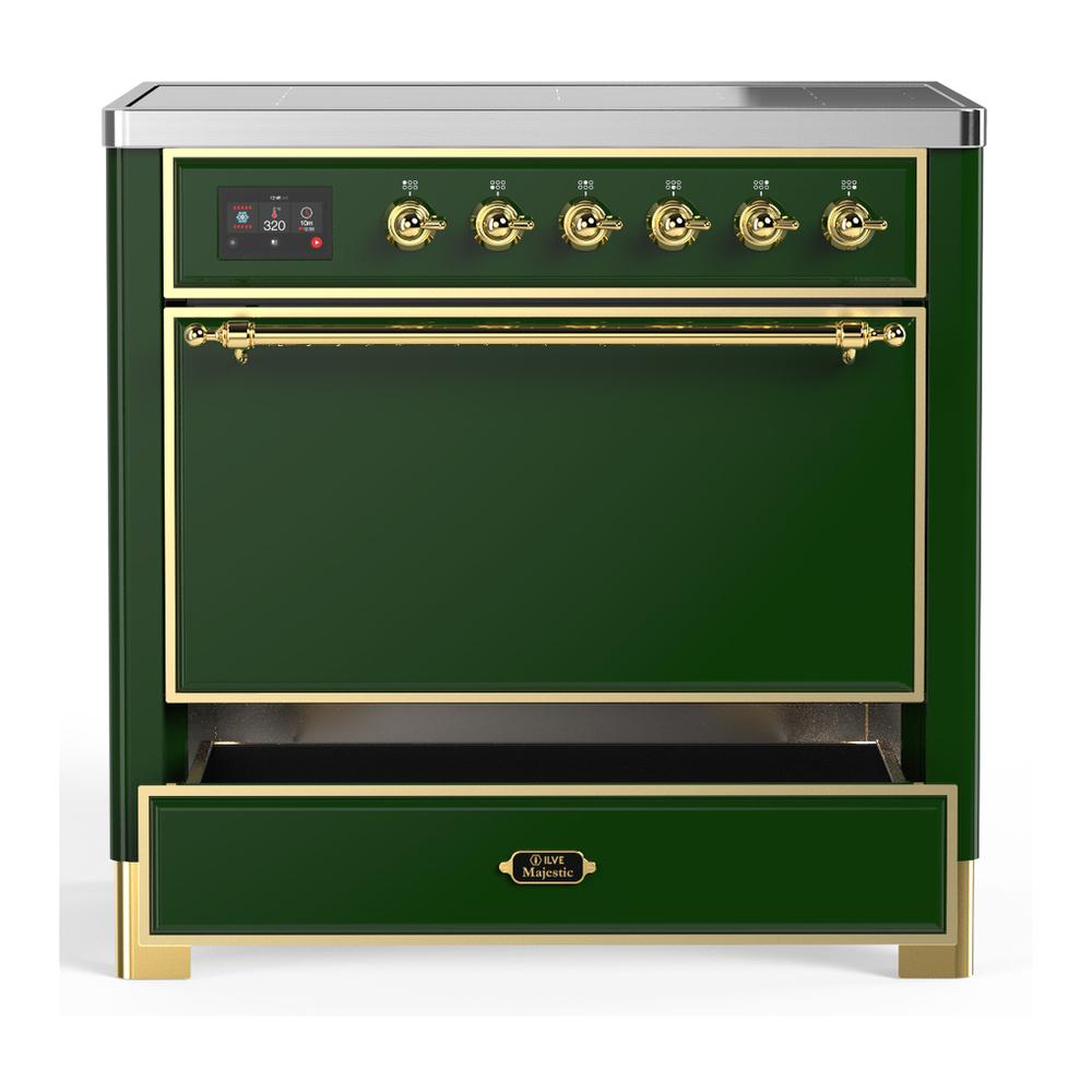 ILVE UMIB36QNR3EGG Majestic III 36 inch Induction Range with 6 Elements, 3.5 cu. ft. Total Oven Capacity (Solid Door, Emerald Green, Brass)