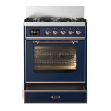 ILVE UM30NR3MBPLP Majestic III 30 inch Dual Fuel Range with 5 Black Brass Burners, Dual Function Burner up to 25,000 BTU (Liquid Propane, Triple Glass Door, Midnight Blue, Copper)