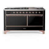 ILVE UM60FQNR3BKPLP Majestic III 60 inch Dual Fuel Range with 9 Burners and Griddle, Dual Function Burner up to 25,000 BTU (Liquid Propane, Solid Door, Glossy Black, Copper)