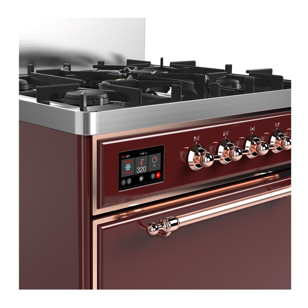ILVE UM30QNR3BUPLP Majestic III 30 inch Dual Fuel Range with 5 Black Brass Burners, Dual Function Burner up to 25,000 BTU (Liquid Propane, Solid Door, Burgundy, Copper)