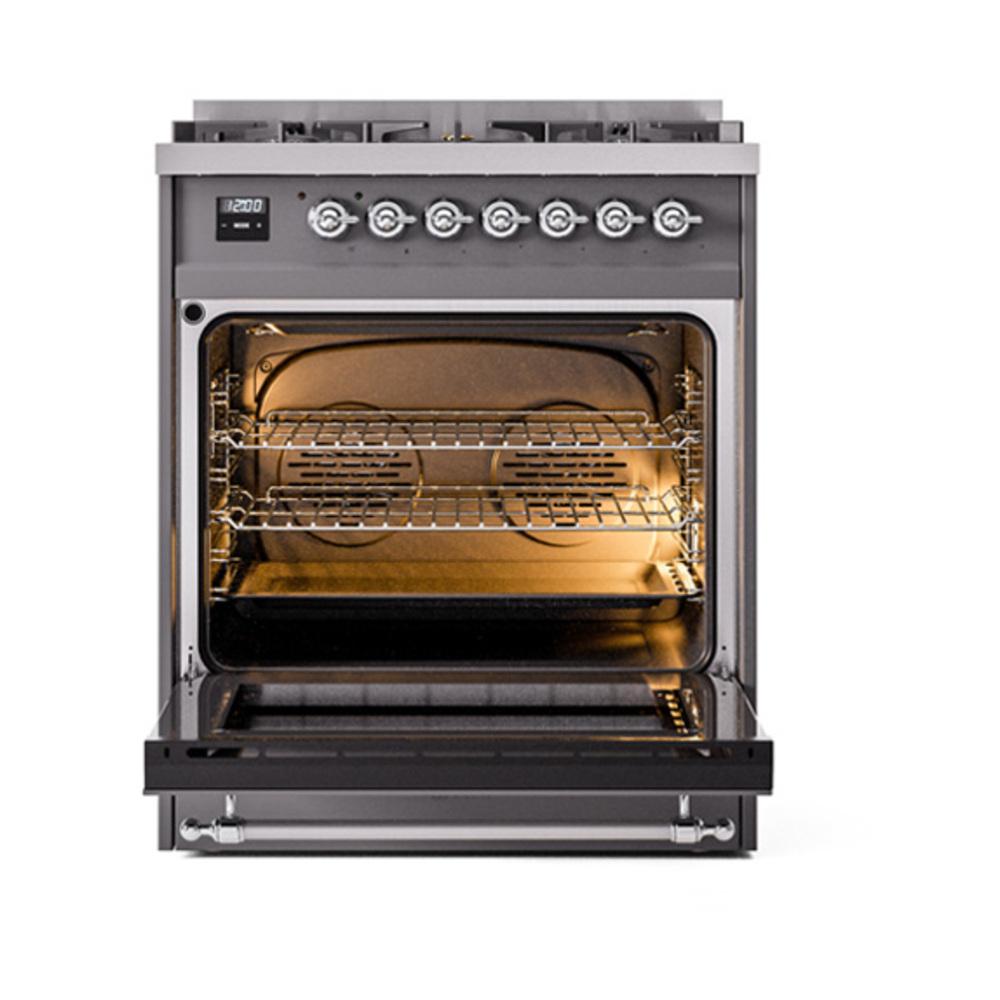 ILVE UN30NMPMGC Nostalgie II Noblesse 30 inch Dual Fuel Range (Natural Gas, Triple Glass Door, Graphite Matte, Chrome)