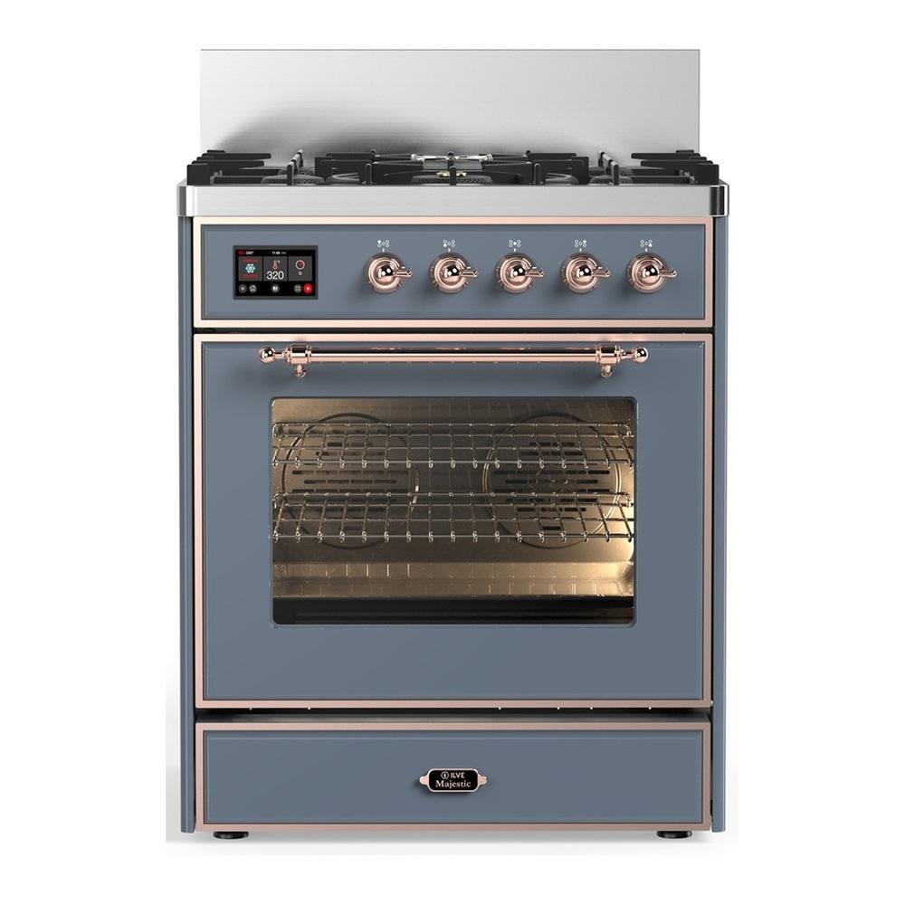 ILVE UM30NR3BGPLP Majestic III 30 inch Dual Fuel Range with 5 Black Brass Burners, Dual Function Burner up to 25,000 BTU (Liquid Propane, Triple Glass Door, Blue Grey, Copper)
