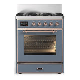 ILVE UM30NR3BGPLP Majestic III 30 inch Dual Fuel Range with 5 Black Brass Burners, Dual Function Burner up to 25,000 BTU (Liquid Propane, Triple Glass Door, Blue Grey, Copper)