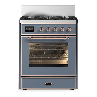 ILVE UM30NR3BGPLP Majestic III 30 inch Dual Fuel Range with 5 Black Brass Burners, Dual Function Burner up to 25,000 BTU (Liquid Propane, Triple Glass Door, Blue Grey, Copper)