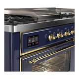 ILVE UM60FSNR3MBGLP Majestic III 60 inch Dual Fuel Range with 7 Burners, Griddle and French Top, Dual Function Burner with up to 25,000 BTU (Liquid Propane, Triple Glass Door, Midnight Blue, Brass)