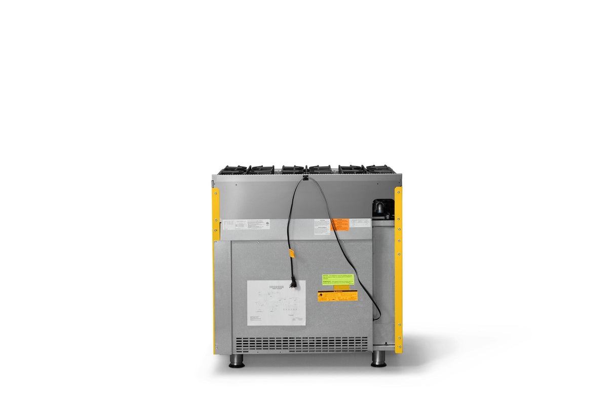 36"W. Open Burner Gas Range (Finish: Daffodil, Trim: Brushed Brass, Fuel: Propane)