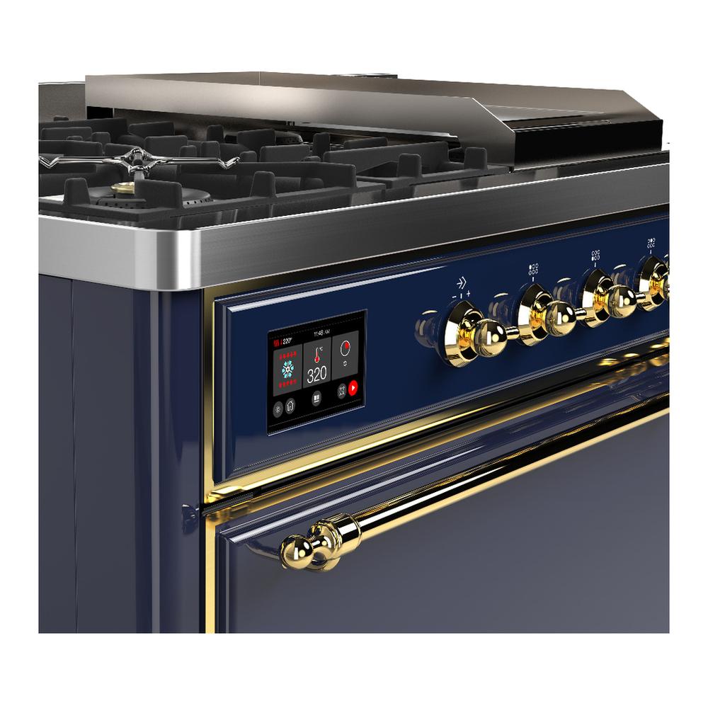 ILVE UM48FSQNR3MBGLP Majestic III 48 inch Dual Fuel Range with 5 Black Brass Burners, Griddle and French Top, Dual Function Burner up to 25,000 BTU (Liquid Propane, Solid Door, Midnight Blue, Brass)