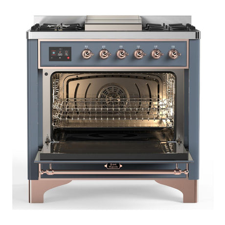 ILVE UM36FNR3BGP Majestic III 36 inch Dual Fuel Range with 6 Black Brass Burners and Griddle, Dual Function Burner up to 25,000 BTU (Triple Glass Door, Blue Grey, Copper, Natural Gas)