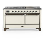 ILVE UM60FQNR3AWB Majestic III 60 inch Dual Fuel Range with 9 Burners and Griddle, Dual Function Burner up to 25,000 BTU (Natural Gas, Solid Door, Antique White, Burnished)
