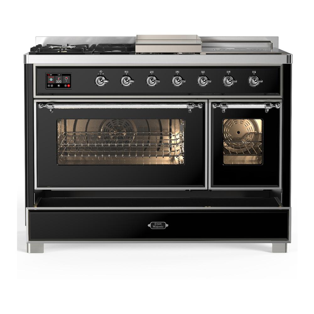 ILVE UM48FSNR3BKC Majestic III 48 inch Dual Fuel Range with 5 Black Brass Burners, Griddle and French Top, Dual Function Burner up to 25,000 BTU (Natural Gas, Triple Glass Door, Glossy Black, Chrome)