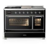 ILVE UM48FSNR3BKC Majestic III 48 inch Dual Fuel Range with 5 Black Brass Burners, Griddle and French Top, Dual Function Burner up to 25,000 BTU (Natural Gas, Triple Glass Door, Glossy Black, Chrome)