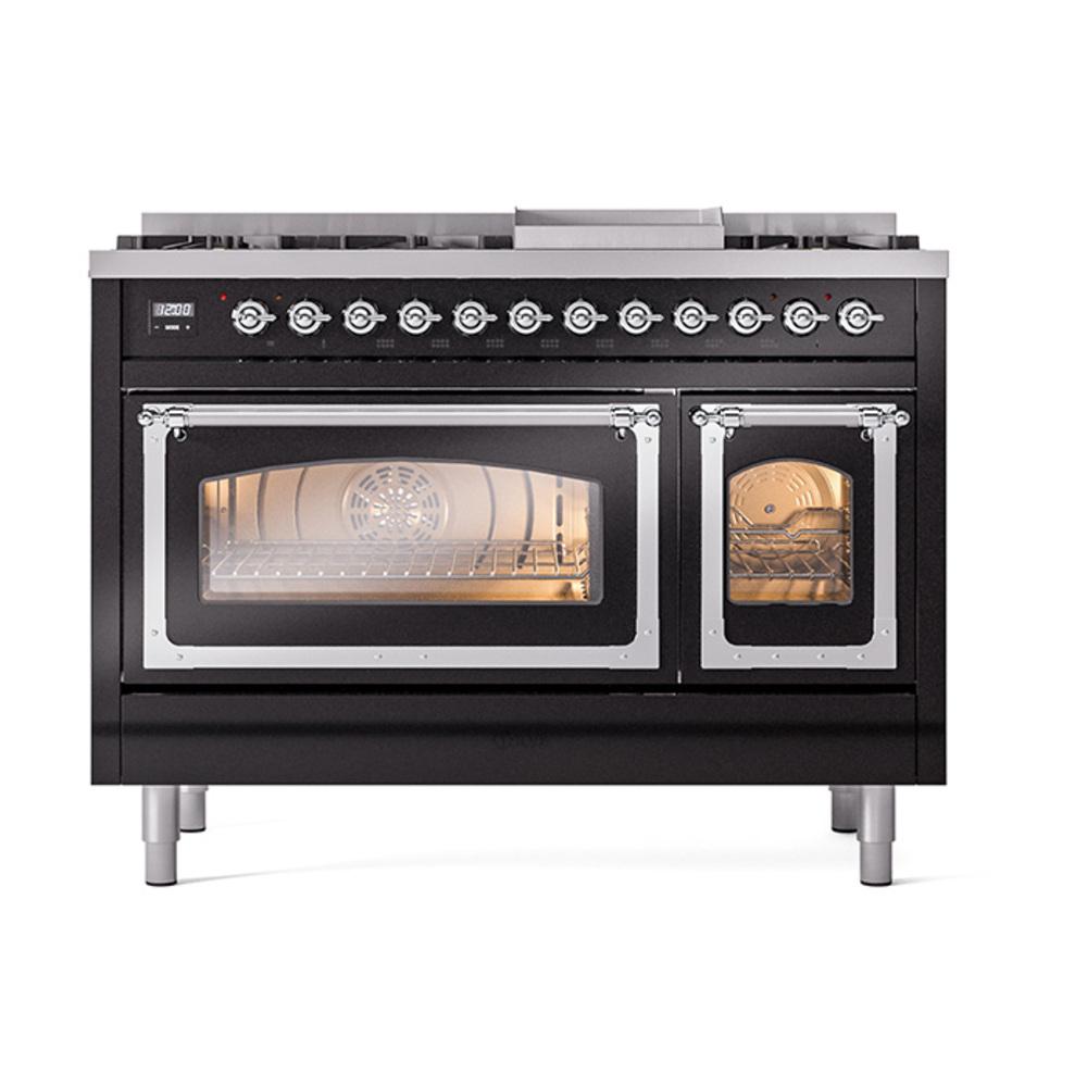 ILVE UN48FNMPBKCLP Nostalgie II Noblesse 48 inch Dual Fuel Range (8 Sealed Burners + Griddle, Liquid Propane, Triple Glass Door, Glossy Black, Chrome)