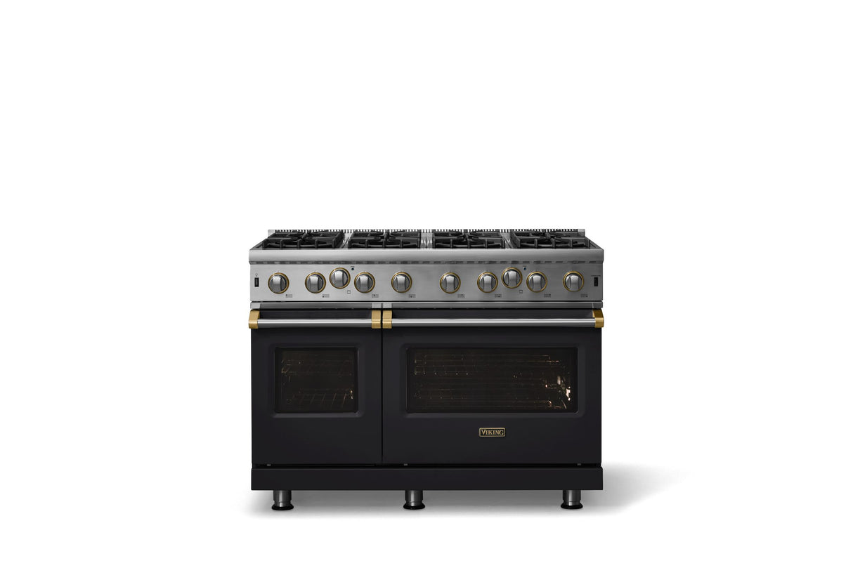 48"W. Open Burner Gas Range (Finish: Onyx, Trim: Brushed Brass, Fuel: Natural Gas)