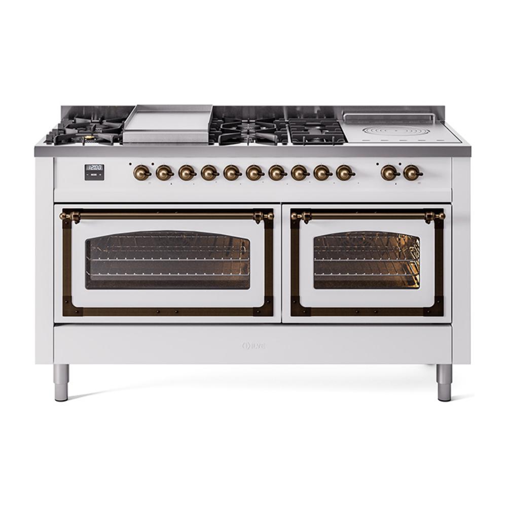 ILVE UN60FSNMPWHB Nostalgie II Noblesse 60 inch Dual Fuel Range (7 Sealed Burners + Griddle + French Top, Natural Gas, Triple Glass Door, White, Burnished)