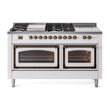 ILVE UN60FSNMPWHB Nostalgie II Noblesse 60 inch Dual Fuel Range (7 Sealed Burners + Griddle + French Top, Natural Gas, Triple Glass Door, White, Burnished)