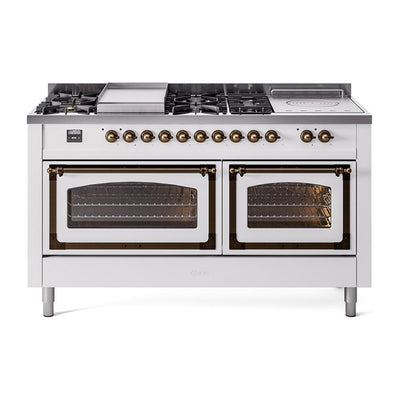 ILVE UN60FSNMPWHB Nostalgie II Noblesse 60 inch Dual Fuel Range (7 Sealed Burners + Griddle + French Top, Natural Gas, Triple Glass Door, White, Burnished)