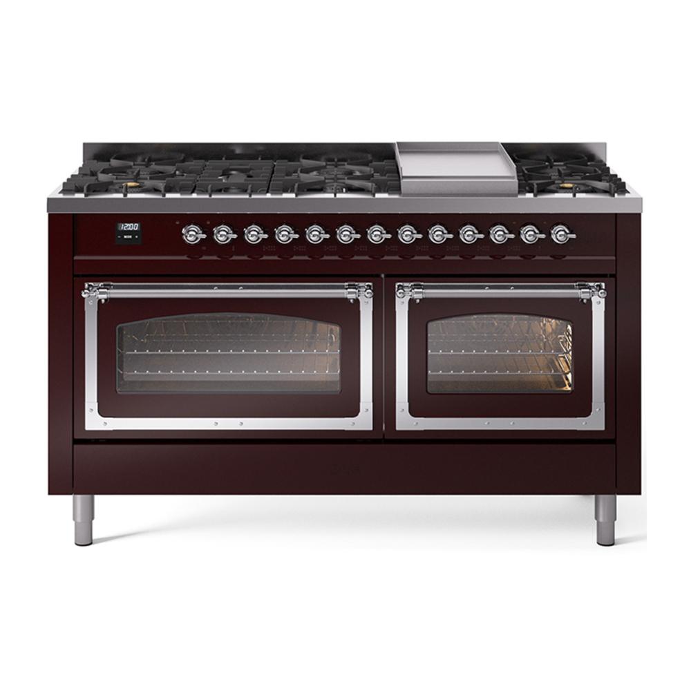 ILVE UN60FNMPBUCLP Nostalgie II Noblesse 60 inch Dual Fuel Range (9 Sealed Burners + Griddle, Liquid Propane, Triple Glass Door, Burgundy, Chrome)