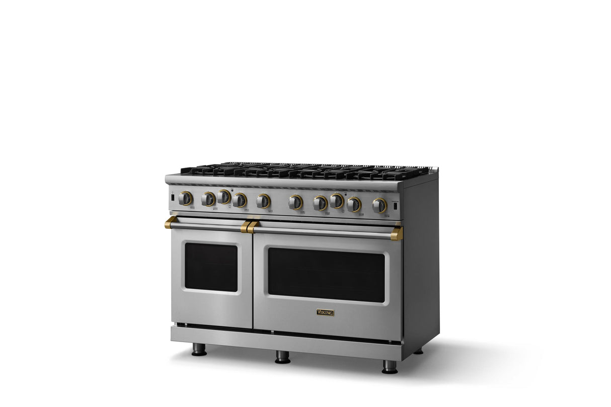 48"W. Open Burner Gas Range (Finish: Stainless Steel, Trim: Brushed Brass, Fuel: Natural Gas)