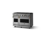 48"W. Open Burner Gas Range (Finish: Stainless Steel, Trim: Brushed Brass, Fuel: Natural Gas)