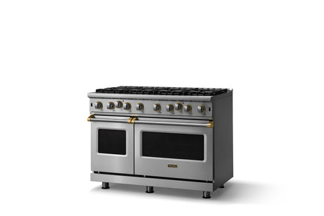 48"W. Open Burner Gas Range (Finish: Stainless Steel, Trim: Brushed Brass, Fuel: Propane)