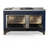 ILVE UM60FSNR3MBBLP Majestic III 60 inch Dual Fuel Range with 7 Burners, Griddle and French Top, Dual Function Burner with up to 25,000 BTU (Liquid Propane, Triple Glass Door, Midnight Blue, Burnished)