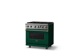 36"W. Open Burner Gas Range (Finish: Ivy, Trim: Brushed Brass, Fuel: Propane)