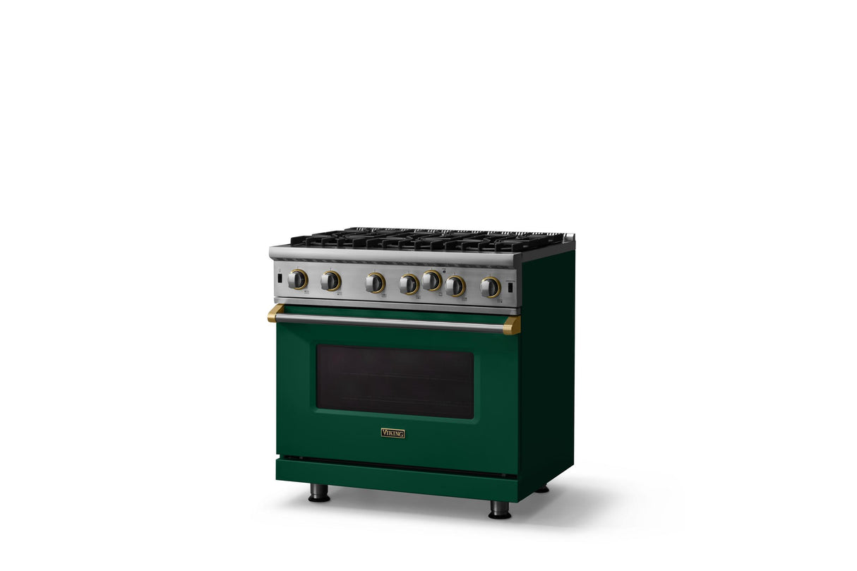 36"W. Open Burner Gas Range (Finish: Ivy, Trim: Brushed Brass, Fuel: Natural Gas)