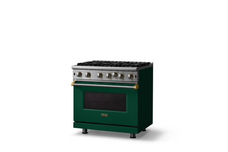 36"W. Open Burner Gas Range (Finish: Ivy, Trim: Brushed Brass, Fuel: Natural Gas)