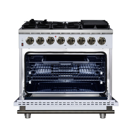 Forno Massimo 36 Inch Freestanding Dual Fuel Range in White with Antique Brass Accessories, 6 Burners, 5.36 cu. ft. Convection Oven
