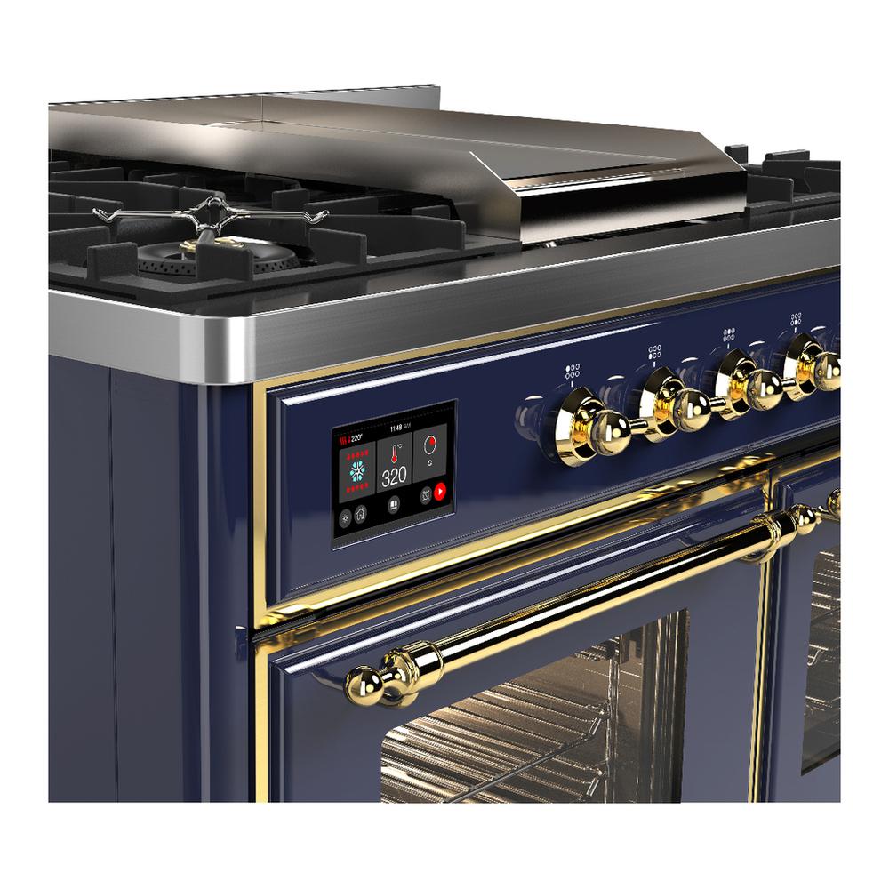 ILVE UMD40FNR3MBG Majestic III 40 inch Dual Fuel Range with 6 Burners and Griddle, Dual Function Burner up to 25,000 BTU (Natural Gas, Triple Glass Door, Midnight Blue, Brass)