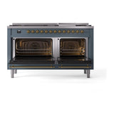 ILVE UN60FNMPBGGLP Nostalgie II Noblesse 60 inch Dual Fuel Range (9 Sealed Burners + Griddle, Liquid Propane, Triple Glass Door, Blue Grey, Brass)