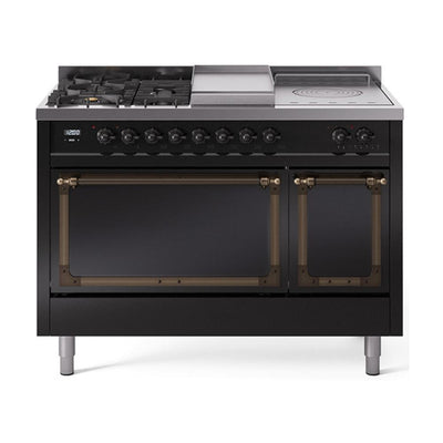 ILVE UN48FSQNMPBKBLP Nostalgie II Noblesse 48 inch Dual Fuel Range (5 Sealed Burners + Griddle + French Top, Liquid Propane, Solid Door, Glossy Black, Burnished)