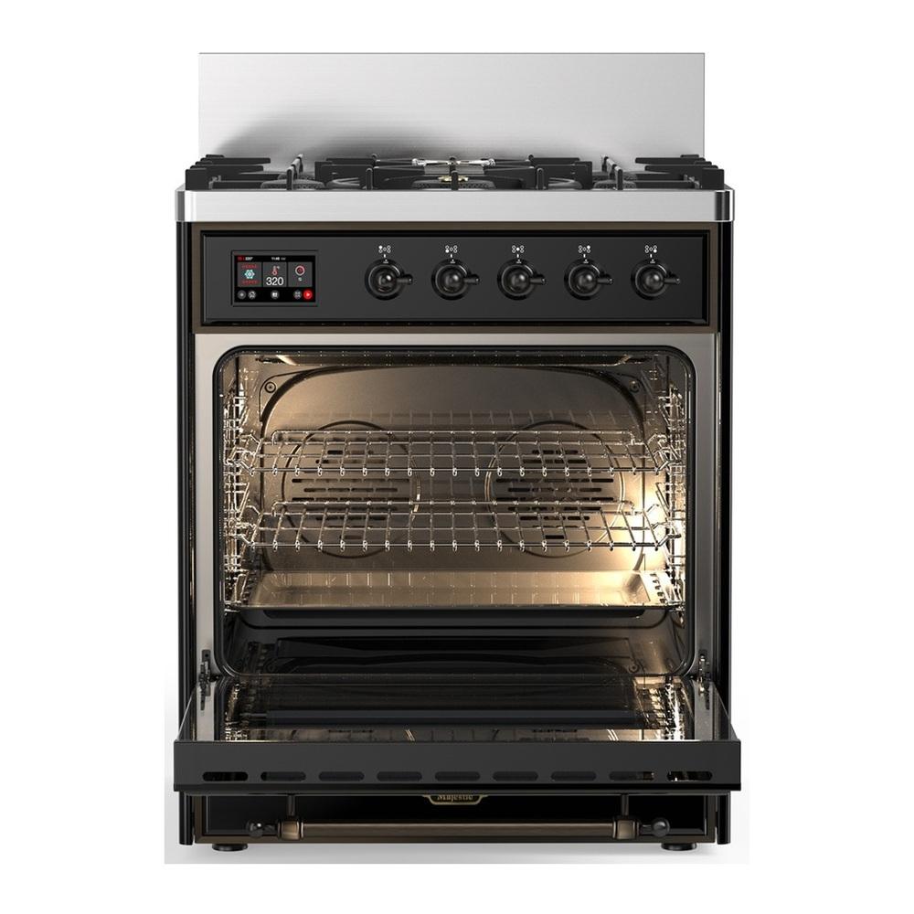 ILVE UM30NR3BKBLP Majestic III 30 inch Dual Fuel Range with 5 Black Brass Burners, Dual Function Burner up to 25,000 BTU (Liquid Propane, Triple Glass Door, Glossy Black, Burnished)