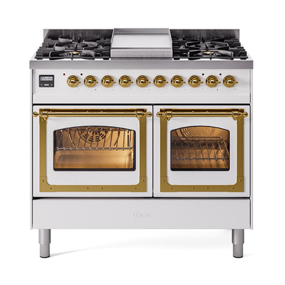 ILVE UND40FNMPWHGLP Nostalgie II Noblesse 40 inch Dual Fuel Range (Liquid Propane, Triple Glass Door, White, Brass)