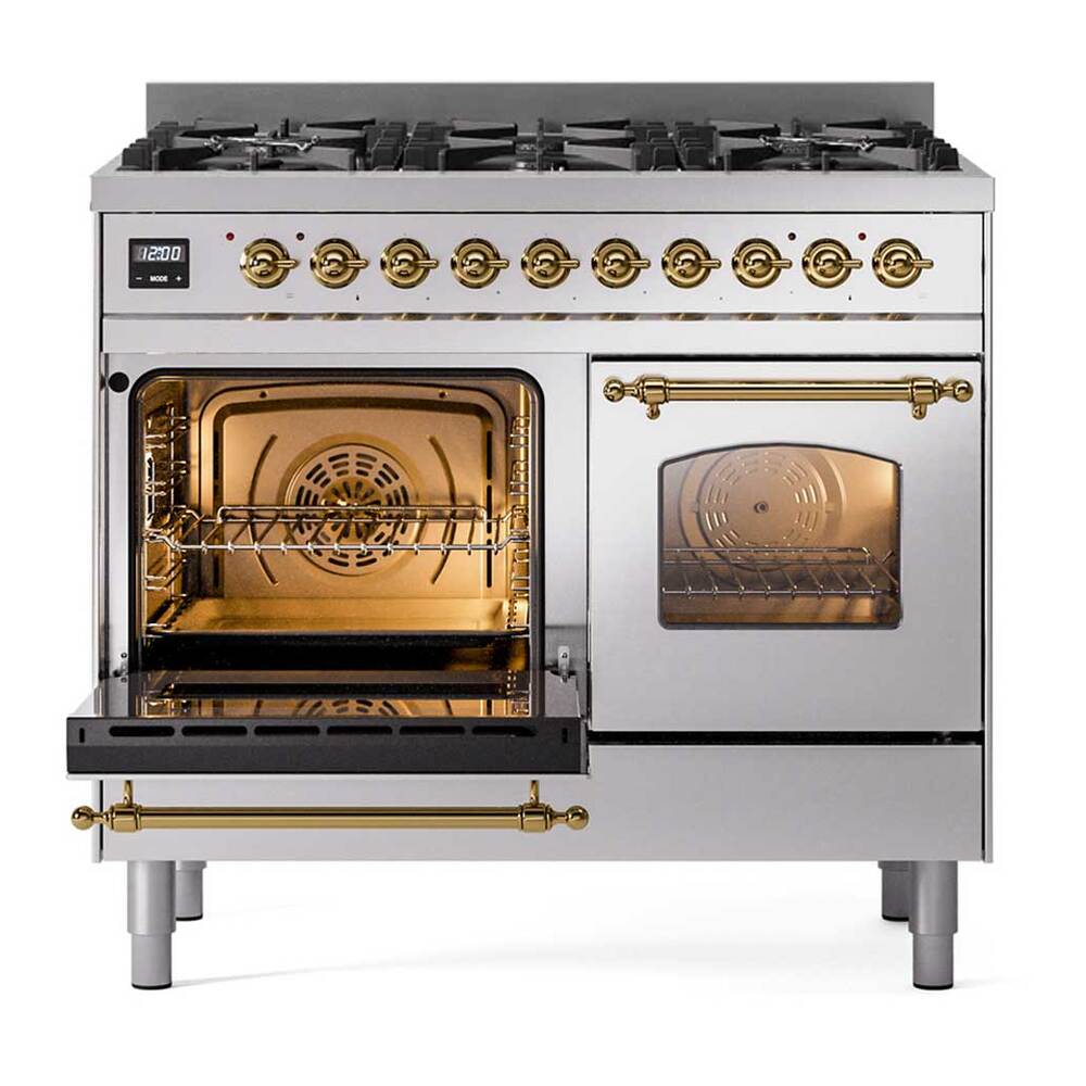ILVE UPD406NMPSSG Nostalgie II 40 inch Dual Fuel Range with 6 Total Black Brass Burners, Brass Trim (Limited Edition) (Natural Gas, Stainless Steel)
