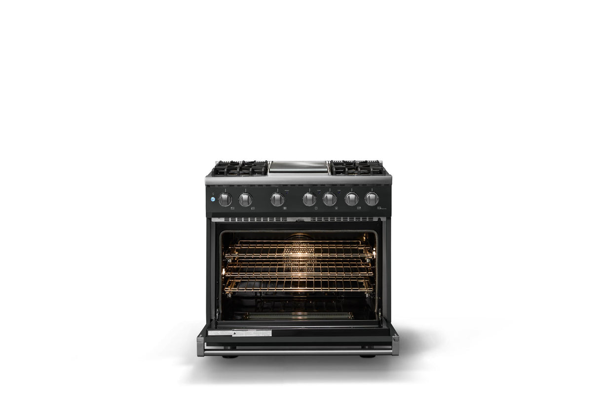 36"W. Dual Fuel Range (Burner: 4g, Finish: Antique Bronze, Trim: Polished Chrome, Fuel: Natural Gas)