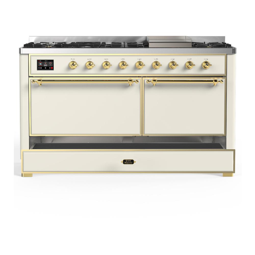 ILVE UM60FQNR3AWGLP Majestic III 60 inch Dual Fuel Range with 9 Burners and Griddle, Dual Function Burner up to 25,000 BTU (Liquid Propane, Solid Door, Antique White, Brass)