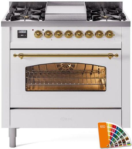 Nostalgie II 36 Inch Dual Fuel Natural Gas Freestanding Range in RAL Custom Color with Brass Trim