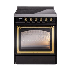 ILVE UNI304NMPBKG Nostalgie II Noblesse 30 inch Induction Range (Triple Glass Door, Glossy Black, Brass)