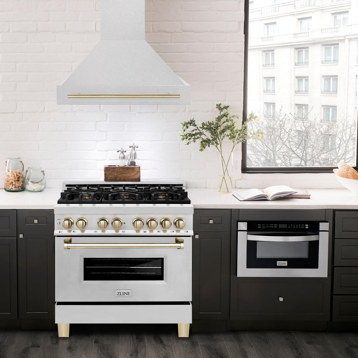 36 in. ZLINE Autograph Edition DuraSnow Stainless Steel Range Hood with Stainless Steel Shell and Colored Handle (8654SNZ-36) [Color: Gold]