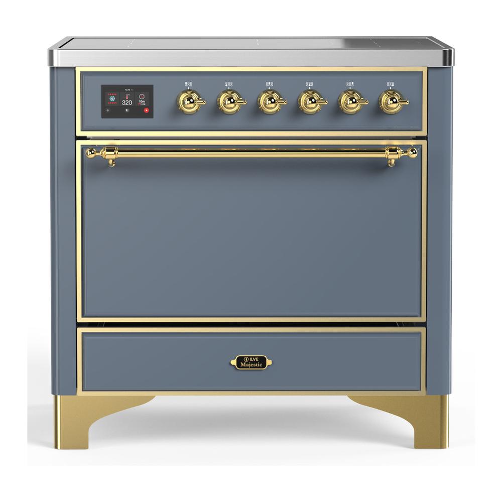 ILVE UMIB36QNR3BGG Majestic III 36 inch Induction Range with 6 Elements, 3.5 cu. ft. Total Oven Capacity (Solid Door, Blue Grey, Brass)